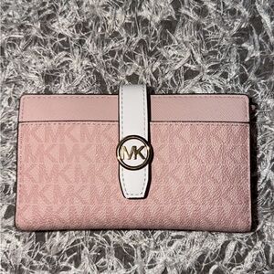 Michael Kors Pink Continental Wallet with White Strap and Gold MK Accent